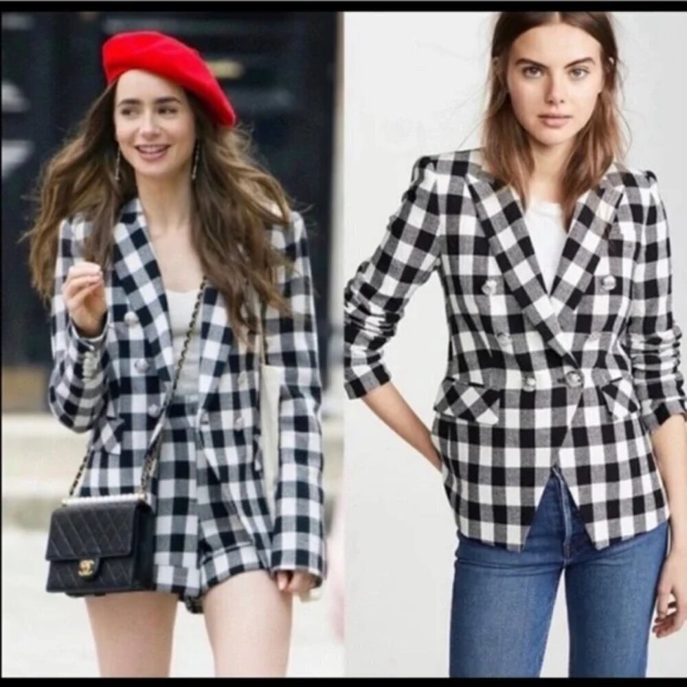 Veronica Beard Miller Dickey Tweed Blazer Black White Gingham Double Breast Sz 0 - Picture 2 of 15